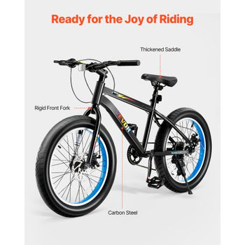 Mountain Bike, 20 inch MTB Bicycle with 7 Speeds SHIMANO Twist Shifting, Comfort Saddle, Dual Disc Brakes, High Carbon Steel Frame, Fat Tire Sport Cycling Bicycle for Trail Snow
