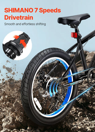 Mountain Bike, 20 inch MTB Bicycle with 7 Speeds SHIMANO Twist Shifting, Comfort Saddle, Dual Disc Brakes, High Carbon Steel Frame, Fat Tire Sport Cycling Bicycle for Trail Snow