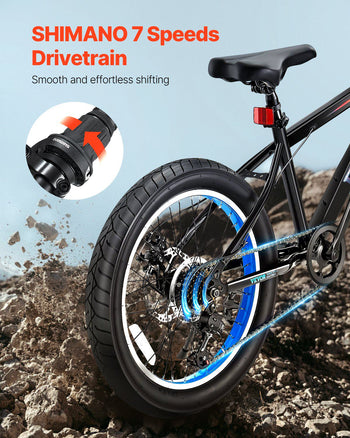 Mountain Bike, 20 inch MTB Bicycle with 7 Speeds SHIMANO Twist Shifting, Comfort Saddle, Dual Disc Brakes, High Carbon Steel Frame, Fat Tire Sport Cycling Bicycle for Trail Snow