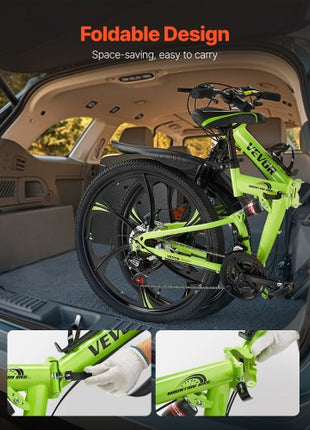 26 inch Folding Mountain Bike, MTB Bicycle with Full Suspension, 21-speed Drivetrain, Comfort Saddle, Disc Brakes, High Carbon Steel Frame, Adult Sport Cycling Bicycle for Men Women Trail Snow