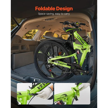 26 inch Folding Mountain Bike, MTB Bicycle with Full Suspension, 21-speed Drivetrain, Comfort Saddle, Disc Brakes, High Carbon Steel Frame, Adult Sport Cycling Bicycle for Men Women Trail Snow