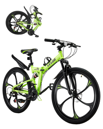 26 inch Folding Mountain Bike, MTB Bicycle with Full Suspension, 21-speed Drivetrain, Comfort Saddle, Disc Brakes, High Carbon Steel Frame, Adult Sport Cycling Bicycle for Men Women Trail Snow