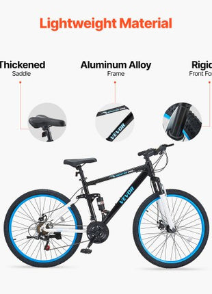 Mountain Bike, 26 inch MTB Bicycle with Full Dual Suspension, 21 Speed Twist Shifting, Comfort Saddle, Dual Disc Brake, Aluminum Alloy Frame, Adult Sport Cycling Bicycle for Men Women Trail Snow