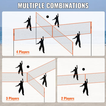 Adjustable orange beach volleyball net for 2, 3, or 4 players, perfect for outdoor games on sand or grass.