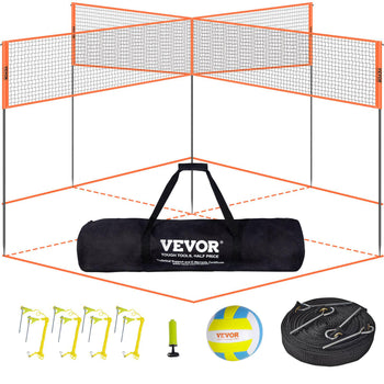 Vevor portable volleyball set with orange net, black carrying bag, rope, stakes, and ball, ideal for outdoor fun.