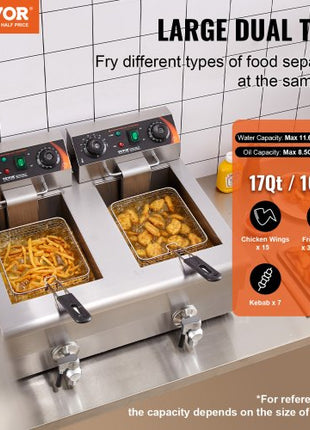 Commercial Deep Fryer, Dual Tank 3000W Electric Countertop Fryer with Basket, 2 x 11.6Qt/11L Double Stainless Steel Oil Fryer with Oil Filtration, Time & Temp Control, for Kitchen Restaurant Use