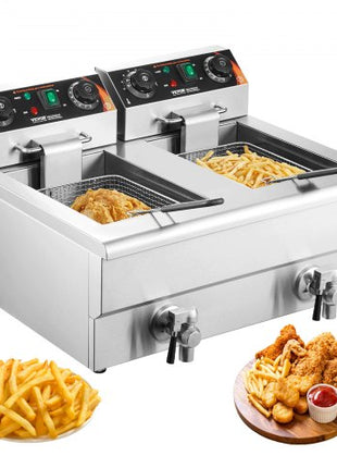 Commercial Deep Fryer, Dual Tank 3000W Electric Countertop Fryer with Basket, 2 x 11.6Qt/11L Double Stainless Steel Oil Fryer with Oil Filtration, Time & Temp Control, for Kitchen Restaurant Use