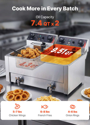 Commercial Electric Deep Fryer, Upgrade Dual Tank 19 Qt, 3500W Stainless Steel Countertop Fryer with Baskets & Lids, Temp Control, Timer, Overheat Protection, for Commercial Restaurant, Silver