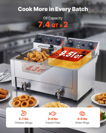 Commercial Electric Deep Fryer, Upgrade Dual Tank 19 Qt, 3500W Stainless Steel Countertop Fryer with Baskets & Lids, Temp Control, Timer, Overheat Protection, for Commercial Restaurant, Silver