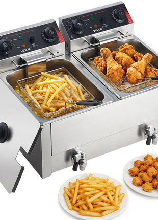 Commercial Electric Deep Fryer, Upgrade Dual Tank 19 Qt, 3500W Stainless Steel Countertop Fryer with Baskets & Lids, Temp Control, Timer, Overheat Protection, for Commercial Restaurant, Silver