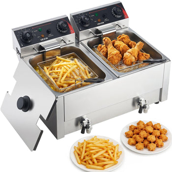 Commercial Electric Deep Fryer, Upgrade Dual Tank 19 Qt, 3500W Stainless Steel Countertop Fryer with Baskets & Lids, Temp Control, Timer, Overheat Protection, for Commercial Restaurant, Silver