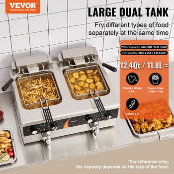 Commercial Deep Fryer, Dual Tank 3500W Electric Countertop Fryer, 2 x 9Qt / 8.5L Double Oil Fryer with 2 Baskets, 1mm Thickened Stainless Steel, Time & Temp Control, for Kitchen Restaurant Use