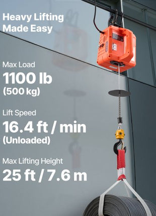 3-in-1 Electric Hoist Winch, 1100 lbs Capacity, 1500W Portable Electric Power Winch, 25 ft Lifting Height, 16.4 ft/min with Manual, Wired & Wireless Remote Control for Factory, Warehouss, Garage