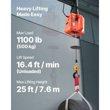 3-in-1 Electric Hoist Winch, 1100 lbs Capacity, 1500W Portable Electric Power Winch, 25 ft Lifting Height, 16.4 ft/min with Manual, Wired & Wireless Remote Control for Factory, Warehouss, Garage