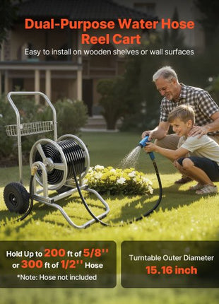Water Hose Reel Cart, 200/300ft High-Pressure Garden Hose Cart, Hoses Reel Carts with Two Wheels, Handle & Heavy-Duty Mesh Storage Basket, Dual-Purpose Portable Hoses Reels for Garden, Car, Pet
