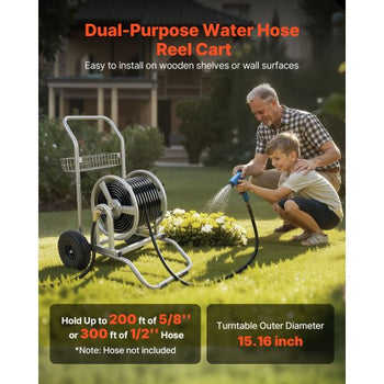 Water Hose Reel Cart, 200/300ft High-Pressure Garden Hose Cart, Hoses Reel Carts with Two Wheels, Handle & Heavy-Duty Mesh Storage Basket, Dual-Purpose Portable Hoses Reels for Garden, Car, Pet