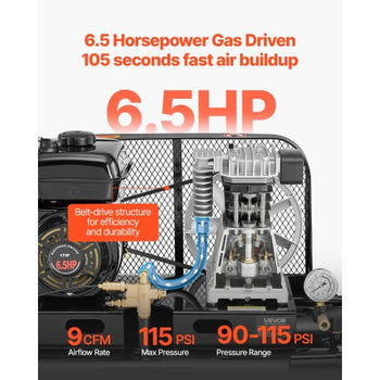 9 Gallon Twin-Tank Gas Powered Air Compressor, 6.5HP 9CFM Gas Driven Air Compressor Tank on Wheel, Max 115PSI Piston Pump Air-Compressed System for Tire Inflation, Auto Repairs, Spray Painting