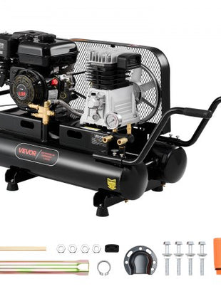 9 Gallon Twin-Tank Gas Powered Air Compressor, 6.5HP 9CFM Gas Driven Air Compressor Tank on Wheel, Max 115PSI Piston Pump Air-Compressed System for Tire Inflation, Auto Repairs, Spray Painting