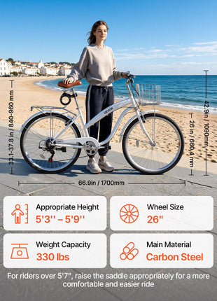 Women Bike, 26 in Beach Cruiser Bike, 7-Speed Adult City Bicycle with Carbon Steel Frame, 330 lbs Capacity, Basket, Rear Rack & Dual V-Brakes, White