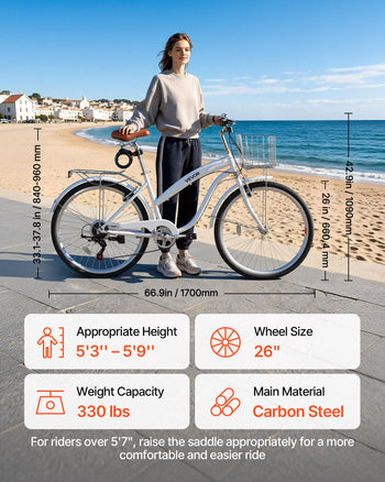 Women Bike, 26 in Beach Cruiser Bike, 7-Speed Adult City Bicycle with Carbon Steel Frame, 330 lbs Capacity, Basket, Rear Rack & Dual V-Brakes, White
