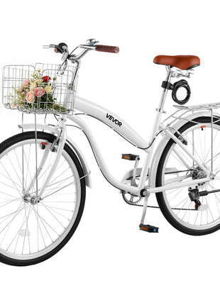 Women Bike, 26 in Beach Cruiser Bike, 7-Speed Adult City Bicycle with Carbon Steel Frame, 330 lbs Capacity, Basket, Rear Rack & Dual V-Brakes, White