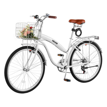 Women Bike, 26 in Beach Cruiser Bike, 7-Speed Adult City Bicycle with Carbon Steel Frame, 330 lbs Capacity, Basket, Rear Rack & Dual V-Brakes, White