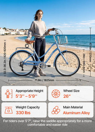 Women Bike, 26 in Beach Cruiser Bike, 7-Speed Adult City Bicycle with Aluminum Alloy Frame, 330 lbs Capacity, Basket, Rear Rack & Dual V-Brakes, Light Blue