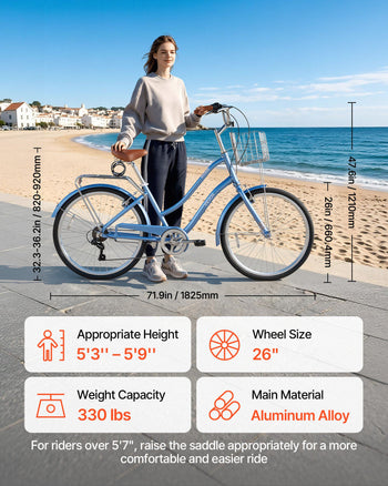 Women Bike, 26 in Beach Cruiser Bike, 7-Speed Adult City Bicycle with Aluminum Alloy Frame, 330 lbs Capacity, Basket, Rear Rack & Dual V-Brakes, Light Blue