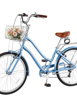 Women Bike, 26 in Beach Cruiser Bike, 7-Speed Adult City Bicycle with Aluminum Alloy Frame, 330 lbs Capacity, Basket, Rear Rack & Dual V-Brakes, Light Blue