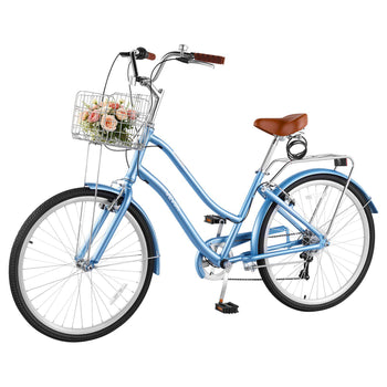 Women Bike, 26 in Beach Cruiser Bike, 7-Speed Adult City Bicycle with Aluminum Alloy Frame, 330 lbs Capacity, Basket, Rear Rack & Dual V-Brakes, Light Blue