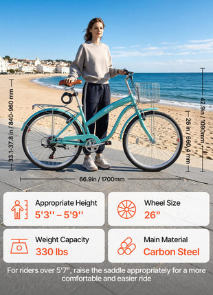 Women Bike, 26 in Beach Cruiser Bike, 7-Speed Adult City Bicycle with Carbon Steel Frame, 330 lbs Capacity, Basket, Rear Rack & Dual V-Brakes, Mint Green