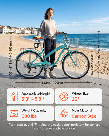 Women Bike, 26 in Beach Cruiser Bike, 7-Speed Adult City Bicycle with Carbon Steel Frame, 330 lbs Capacity, Basket, Rear Rack & Dual V-Brakes, Mint Green