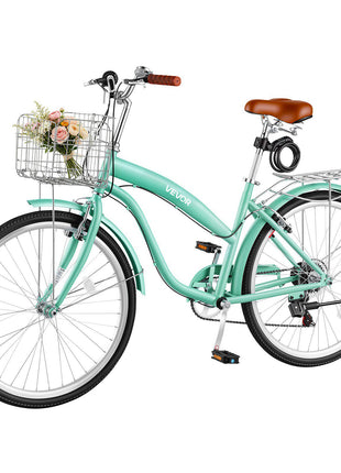 Women Bike, 26 in Beach Cruiser Bike, 7-Speed Adult City Bicycle with Carbon Steel Frame, 330 lbs Capacity, Basket, Rear Rack & Dual V-Brakes, Mint Green