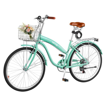 Women Bike, 26 in Beach Cruiser Bike, 7-Speed Adult City Bicycle with Carbon Steel Frame, 330 lbs Capacity, Basket, Rear Rack & Dual V-Brakes, Mint Green