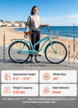 Women Bike, 26 in Beach Cruiser Bike, Single-Speed Adult City Bicycle with Steel Frame, 330 lbs Capacity, Basket, Rear Rack & Dual V-Brakes, Mint Green