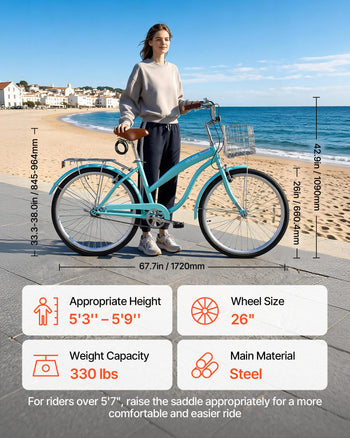 Women Bike, 26 in Beach Cruiser Bike, Single-Speed Adult City Bicycle with Steel Frame, 330 lbs Capacity, Basket, Rear Rack & Dual V-Brakes, Mint Green
