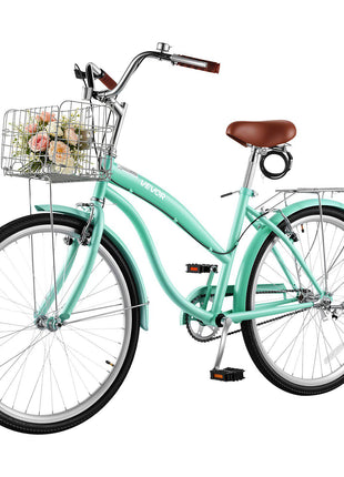 Women Bike, 26 in Beach Cruiser Bike, Single-Speed Adult City Bicycle with Steel Frame, 330 lbs Capacity, Basket, Rear Rack & Dual V-Brakes, Mint Green