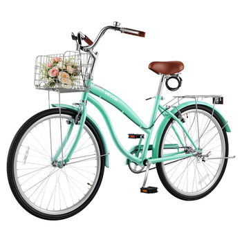Women Bike, 26 in Beach Cruiser Bike, Single-Speed Adult City Bicycle with Steel Frame, 330 lbs Capacity, Basket, Rear Rack & Dual V-Brakes, Mint Green