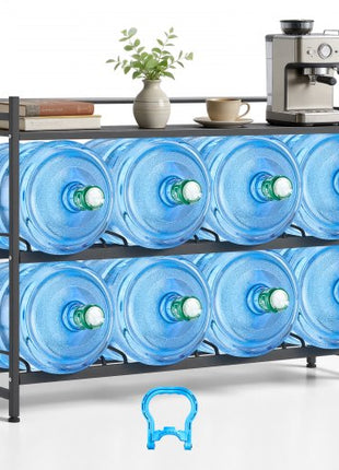 Water Jug Holder, 3 Tiers 4 Rows 3 and 5 Gallon Water Bottle Holder for 8 Bottles, Heavy Duty Jug Rack Organizer with Storage Shelf, Angled Design, for Kitchen, Office, Living Room, Black