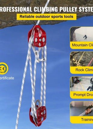 Double Pulley Block & Rope Kit, 1/2 inch x 98 ft Braided Line, Dual Pulley Rigging System, 35 kN Breaking Strength for Tower Work, Hoisting, Training & Outdoor Applications