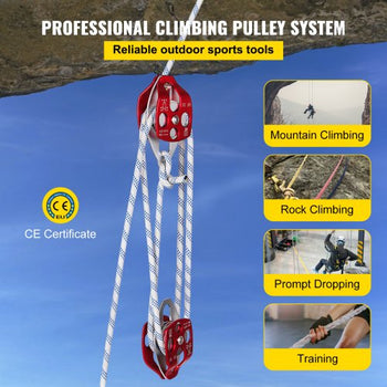 Double Pulley Block & Rope Kit, 1/2 inch x 98 ft Braided Line, Dual Pulley Rigging System, 35 kN Breaking Strength for Tower Work, Hoisting, Training & Outdoor Applications