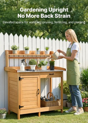 Potting Bench Table, 3-in-1 Outdoor Gardening Wooden Workstation with 44 x 19 in Galvanized Iron Tabletop, Garden Work Station with Drawer, Storage Cabinet & Shelves, Hooks for Patio, Backyard