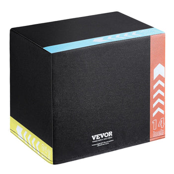 Black VEVOR 14-inch adjustable plyo box with blue, yellow, and red accents, ideal for fitness training and workouts.