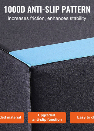 Black 1000D anti-slip cushion with blue edge, durable material, enhanced stability, and easy to clean design.