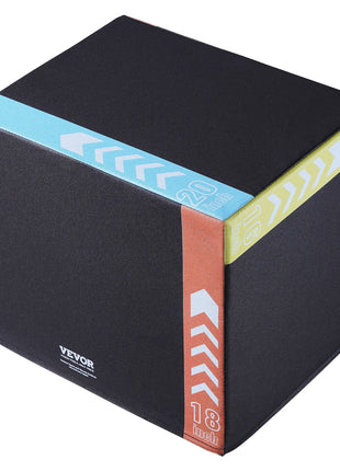 Black foam plyometric box with colorful height markers (16", 18", 20") for fitness training, durable and lightweight.