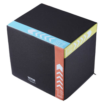 Black foam plyometric box with colorful height markers (16", 18", 20") for fitness training, durable and lightweight.