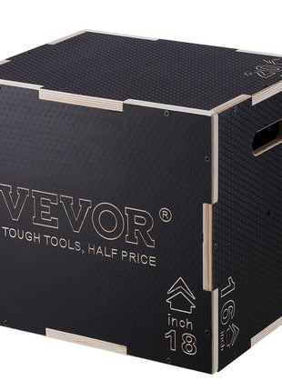 Black wooden storage box with natural wood accents, 18-inch size, durable design, ideal for organizing tools.