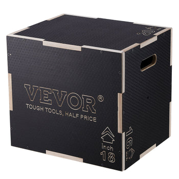 Black wooden storage box with natural wood accents, 18-inch size, durable design, ideal for organizing tools.