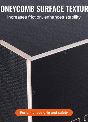 Black honeycomb-textured fitness box with sturdy wooden edges for enhanced grip and stability.