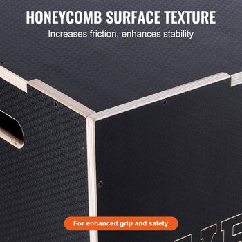 Black honeycomb-textured fitness box with sturdy wooden edges for enhanced grip and stability.